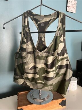 Nine West Olive & Khaki Camouflage Racerback Crop Tank